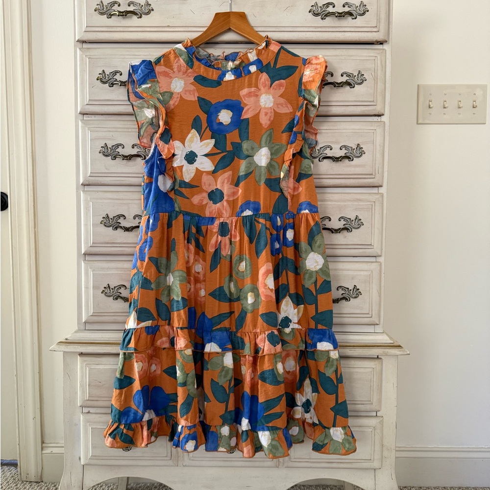 Vici Floral Ruffle Dress - Orange and Blue